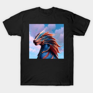 Intricate Blue and Orange Scaled Dragon at Sunset T-Shirt